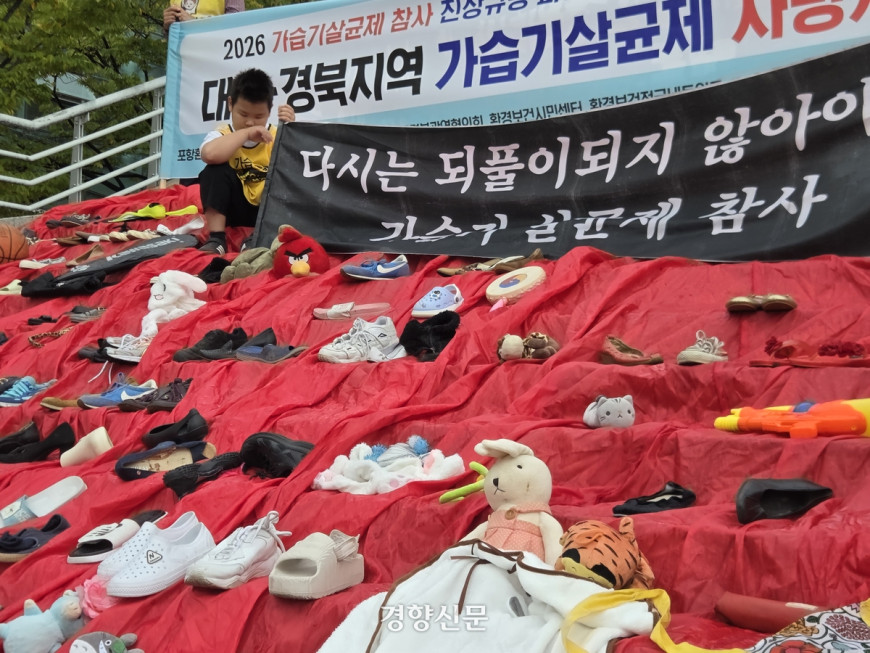경북 포항시청에서 13일 열린 ‘2026 가습기살균제 참사 진상규명·피해대책·재발방지 촉구 전국 순회 캠페인’ 기자회견에서 가습기살균제 참사로 숨진 어린이의 인형 등 피해자들의 유품이 놓여 있다. 김현수 기자